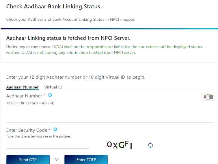 Bank Aadhar link status check 