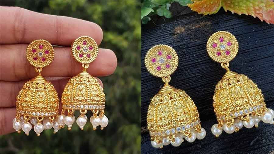 Gold Finish Pearl Jhumka Earrings Design by VASTRAA Jewellery at Pernias  Pop Up Shop 2023